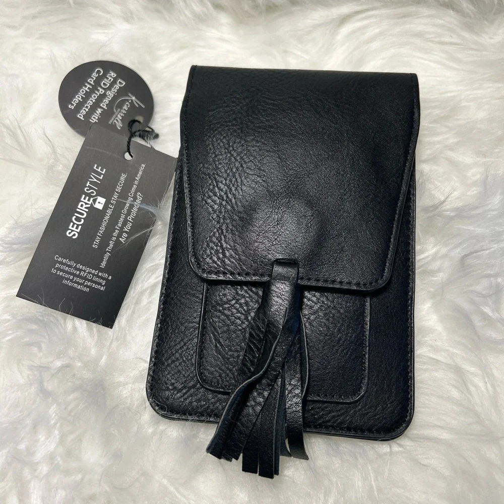 K.Carroll Black Leather Crossbody Bag with Tassel belt loop & adj strap. NWT.  T - Picture 3 of 13